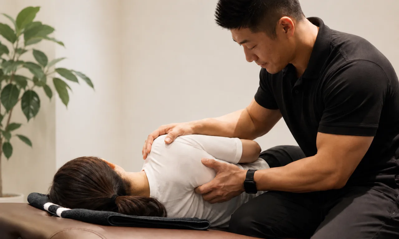 トレーナーが利用者の肩周りを調整している様子