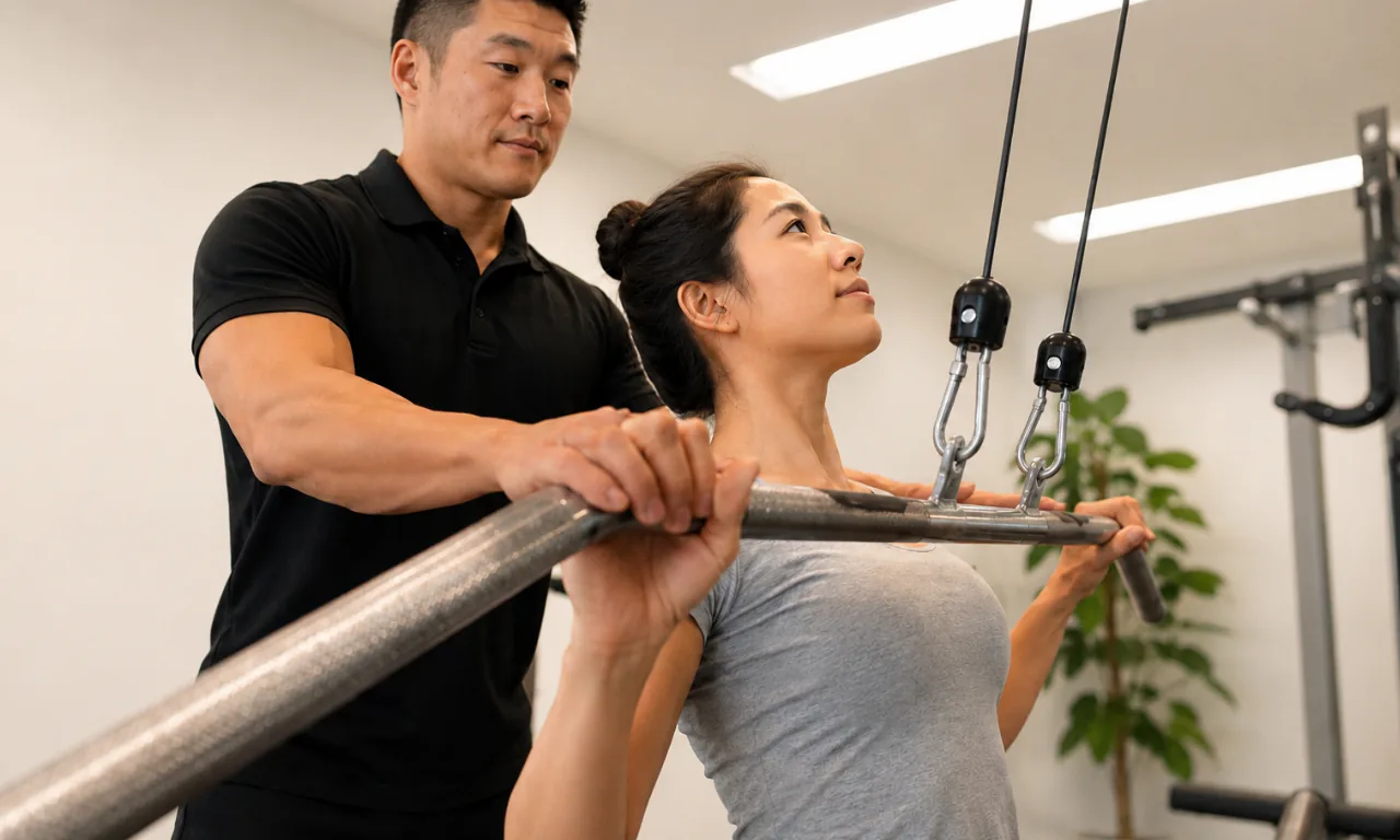 トレーナーの補助を受けながらラットプルダウンを行う利用者