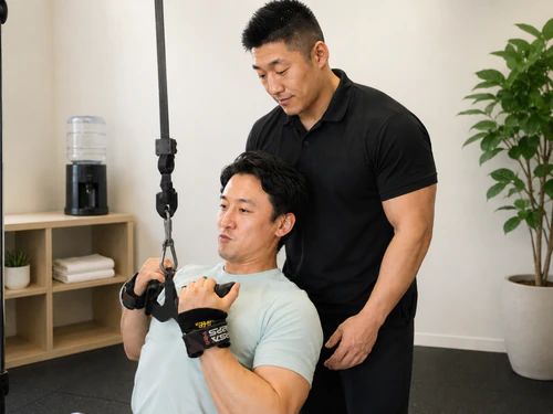ケーブルマシンでトレーニングする利用者を見守るトレーナー